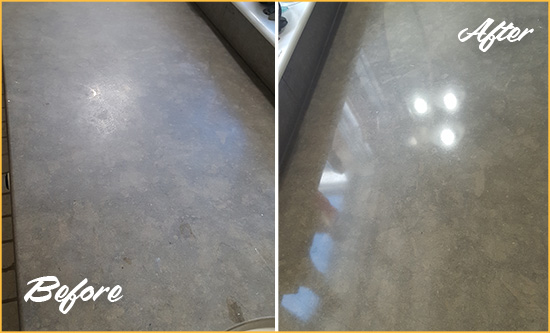 Before and After Picture of a Dull Spring Lake Limestone Countertop Polished to Recover Its Color