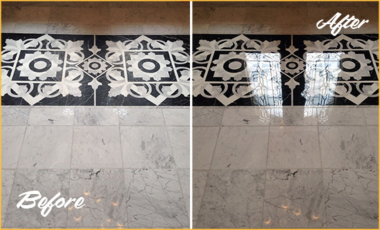Before and After Picture of a Spring Lake Marble Stone Floor Polished to a Mirror Shine