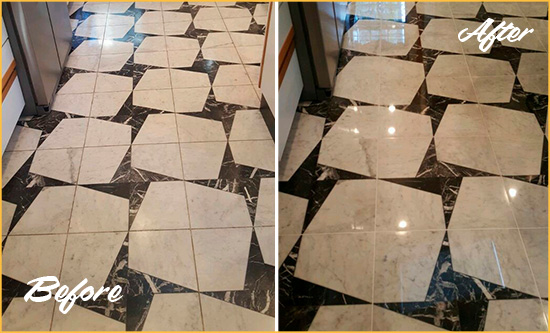 Before and After Picture of a Dull Spring Lake Marble Stone Floor Polished To Recover Its Luster