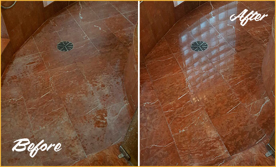 Before and After Picture of a Holmdel Marble Stone Shower Polished to Eliminate Mineral Deposits