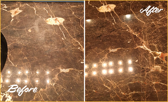Before and After Picture of a Spring Lake Marble Stone Countertop Polished to Eliminate Stains