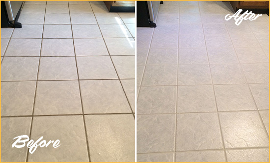 Before and After Picture of a Millville Kitchen Ceramic Floor Sealed to Protect From Dirt and Spills