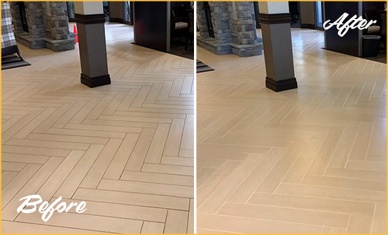 Before and After Picture of a Dirty Stone Harbor Ceramic Office Lobby Sealed For Extra Protection Against Heavy Foot Traffic