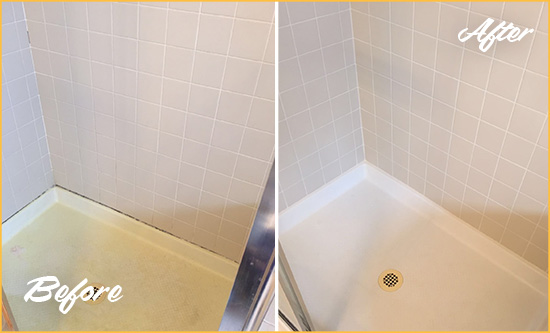 Before and After Picture of a Fort Monmouth Shower Sealed to Remove and Protect Against Mold