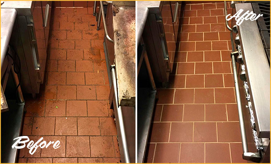 Before and After Picture of a Clayton Restaurant Kitchen Floor Sealed to Remove Soil