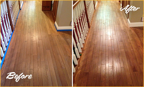 Before and After Picture of a Deal Wood Deep Cleaning Service on a Worn Out Floor