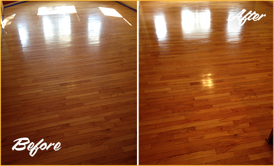 Before and After Picture of a Belford Wood Sand Free Refinishing Service on a Room Floor to Remove Scratches