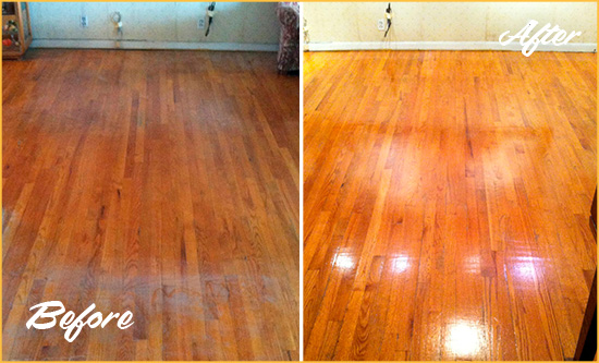 Before and After Picture of a Imlaystown Wood Sand Free Refinishing Service on a Stained Floor