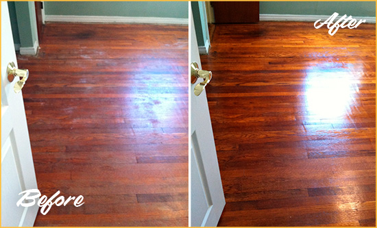 Before and After Picture of a Tennent Wood Sand Free Refinishing Service on a Dull Floor to Remove Stains