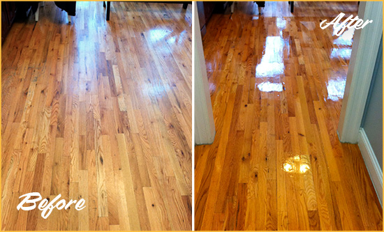 Before and After Picture of a Ocean Wood Sand Free Refinishing Service on a Worn Out Hallway