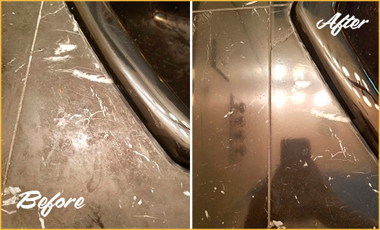 Before and After Picture of a Howell Marble Countertop Cleaned to Remove Deep Dirt