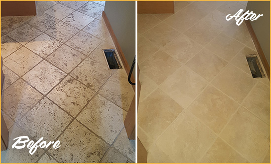 Before and After Picture of a Cream Ridge Kitchen Marble Floor Cleaned to Remove Embedded Dirt