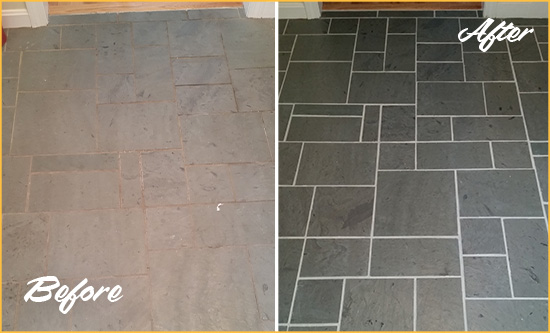 Before and After Picture of a West Windsor Slate Floor Cleaned to Remove Deep-Seated Dirt