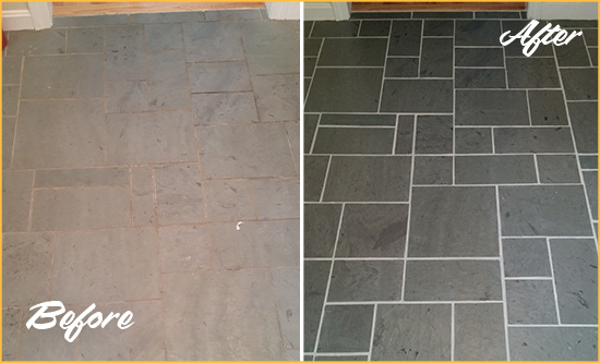 Before and After Picture of a Jackson Slate Floor Cleaned to Remove Deep-Seated Dirt