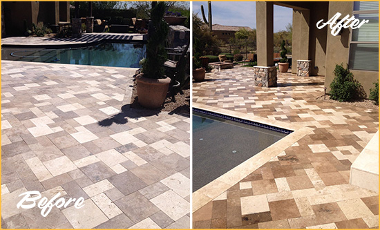 Before and After Picture of a Dull Medford Travertine Pool Deck Cleaned to Recover Its Original Colors