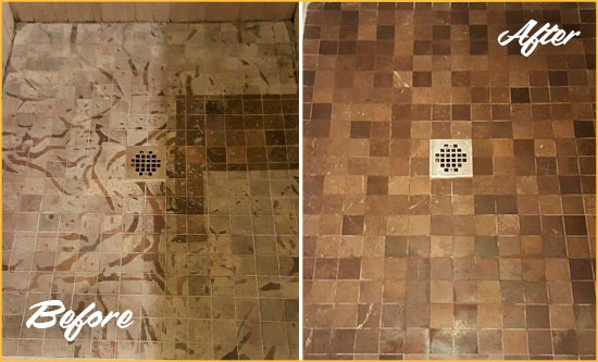 Before and After Picture of a Stained Barnegat Light Marble Shower Floor Cleaned to Remove Etching