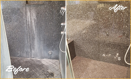 Before and After Picture of a Sea Isle City Granite Shower Cleaned to Remove Mineral Deposits