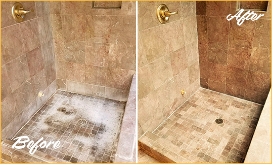 Before and After Picture of a Howell Travertine Shower Cleaned to Eliminate Water Spots