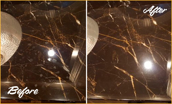 Before and After Picture of a Howell Marble Countertop Cleaned to Remove Water Spots
