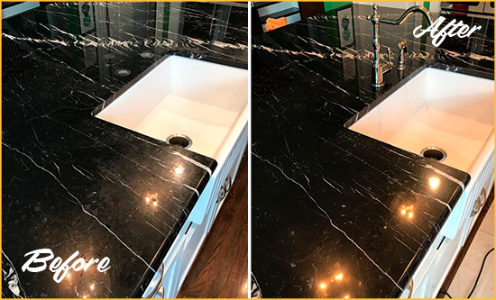 Before and After Picture of a Jamesburg Marble Kitchen Countertop Stone Sealed to Avoid Water Damage