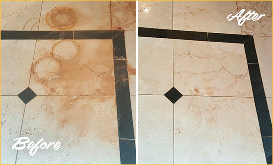 Before and After Picture of a Marlboro Marble Floor Honed to Remove Rust Stains