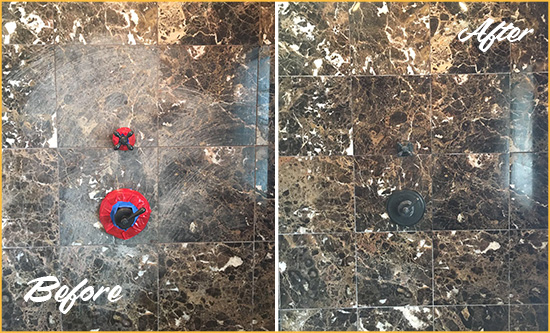 Before and After Picture of a Old Bridge Marble Shower Honed to Remove Scratches
