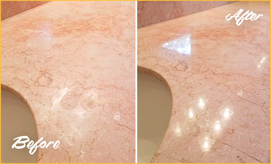 Before and After Picture of a Old Bridge Marble Vanity Top Honed to Eliminate Water Spots