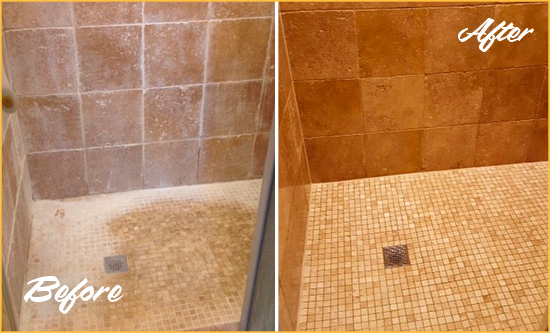 Before and After Picture of a Marlboro Travertine Shower Honed to Remove Mineral Deposits