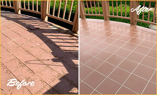 Before and After Picture of a Howell Hard Surface Restoration Service on a Tiled Deck