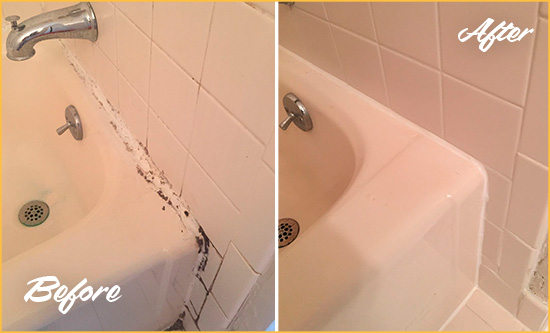 Before and After Picture of a Howell Hard Surface Restoration Service on a Tile Shower to Repair Damaged Caulking