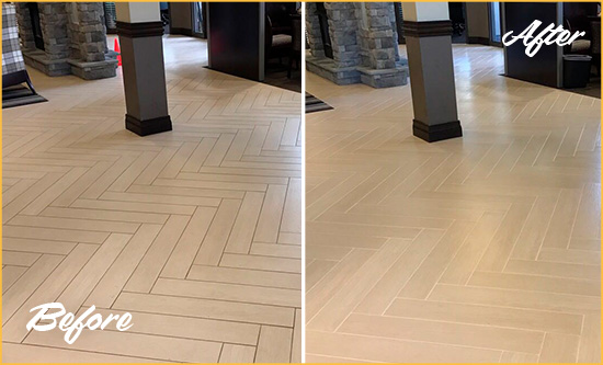 Before and After Picture of a Medford Hard Surface Restoration Service on an Office Lobby Tile Floor to Remove Embedded Dirt