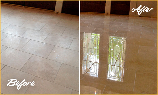 Before and After Picture of a Navesink Hard Surface Restoration Service on a Dull Travertine Floor Polished to Recover Its Splendor