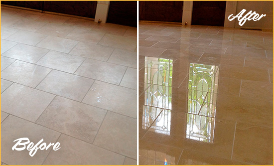 Before and After Picture of a Howell Hard Surface Restoration Service on a Dull Travertine Floor Polished to Recover Its Splendor