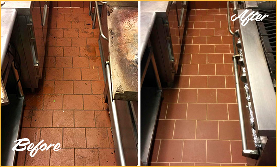 Before and After Picture of a Howell Hard Surface Restoration Service on a Restaurant Kitchen Floor to Eliminate Soil and Grease Build-Up