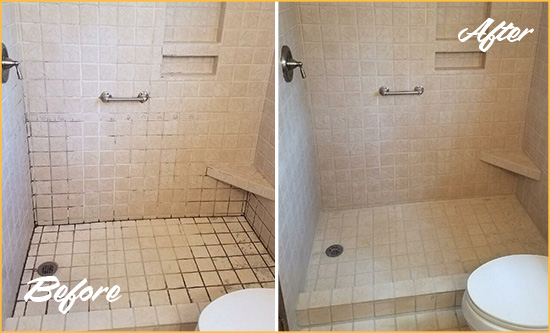 Before and After Picture of a Old Bridge Shower Grout Cleaned to Remove Mold