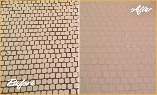 Before and After Picture of a Old Bridge Mosaic Tile floor Grout Cleaned to Remove Dirt