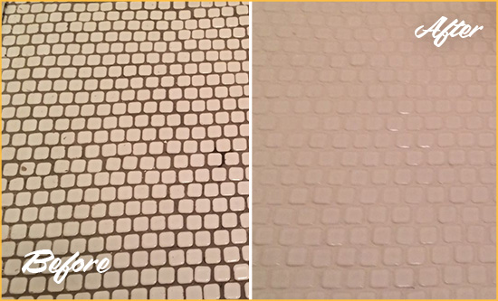 Before and After Picture of a Seaside Heights Mosaic Tile floor Grout Cleaned to Remove Dirt