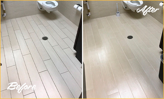 Before and After Picture of a Old Bridge Office Restroom's Grout Cleaned to Remove Dirt