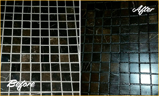 Before and After Picture of a Delran Black Floor with Recolored Grout
