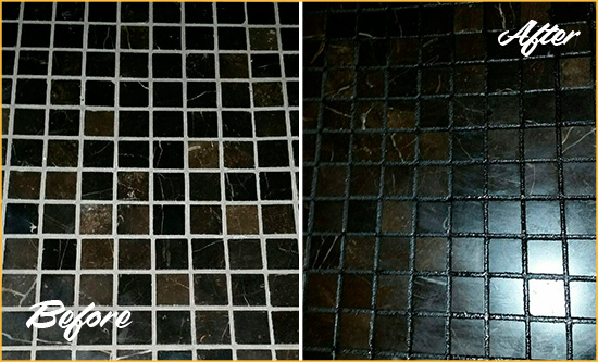 Before and After Picture of a Lincroft Black Floor with Recolored Grout