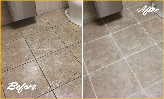 Before and After Picture of a Mount Laurel Office Restroom Floor Recolored Grout