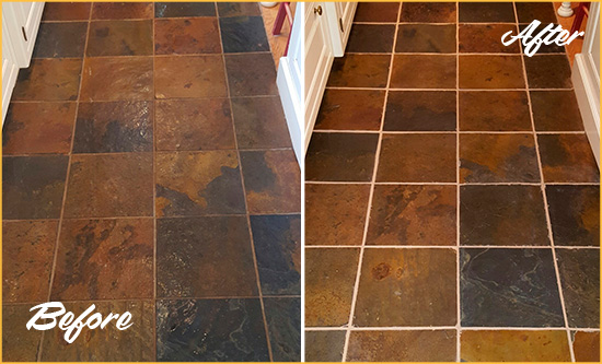Before and After Picture of a Manasquan Slate Floor Recolored Grout