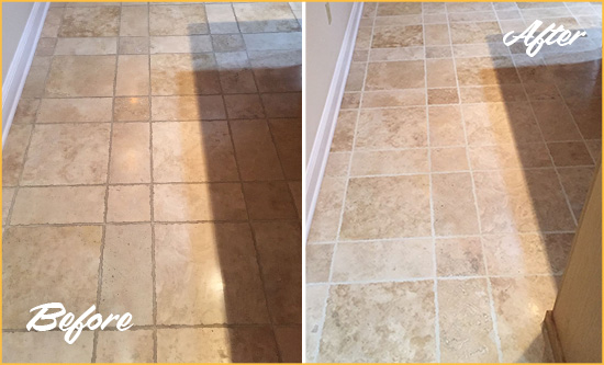 Before and After Picture of a Red Bank Travertine Kitchen Floor Recolored Grout