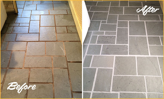 Before and After Picture of Damaged Cherry Hill Slate Floor with Sealed Grout