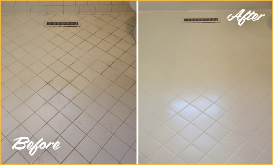 Before and After Picture of a Buena White Bathroom Floor Grout Sealed for Extra Protection