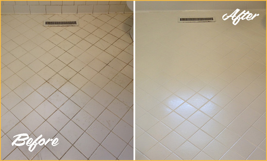 Before and After Picture of a Manchester Township White Bathroom Floor Grout Sealed for Extra Protection