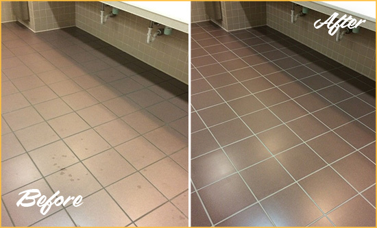 Before and After Picture of Dirty Howell Office Restroom with Sealed Grout