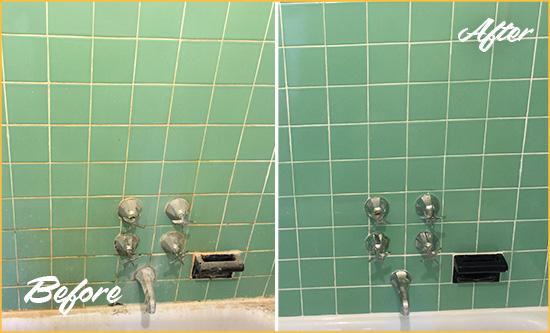 Before and After Picture of a Howell Bath Tub Grout Sealed to Avoid Water Damage