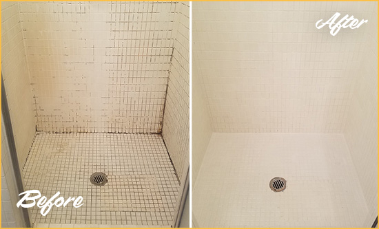 Before and After Picture of a Applegarth Bathroom Grout Sealed to Remove Mold