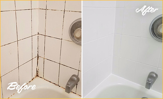 Before and After Picture of a Cream Ridge Tub with Sealed Grout to Eliminate Mold
